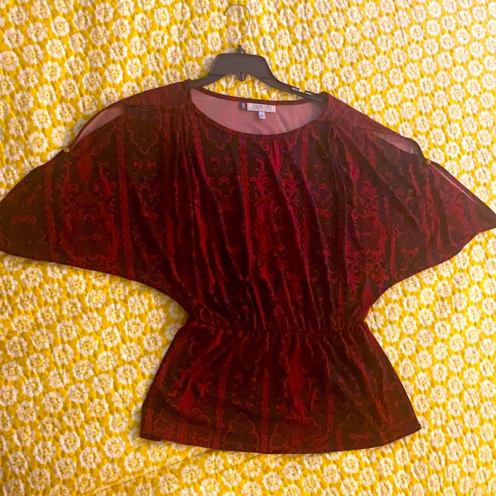 Deep Red and Black Paisley Top/Blouse. Soft with Cold Shoulder sleeves.